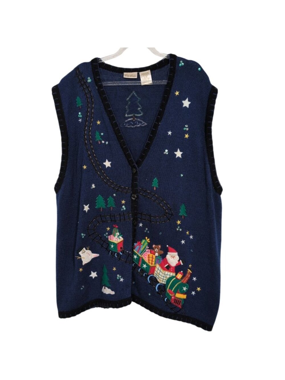 Vintage Santa Train Sweater Vest Womens Size 26/28W Blue Ugly Christmas Holiday